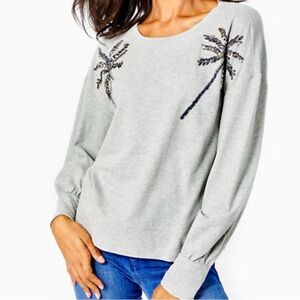NWT LILLY PULITZER TIPPIE GREY EMBELLISHED palm tree SWEATSHIRT large NEW